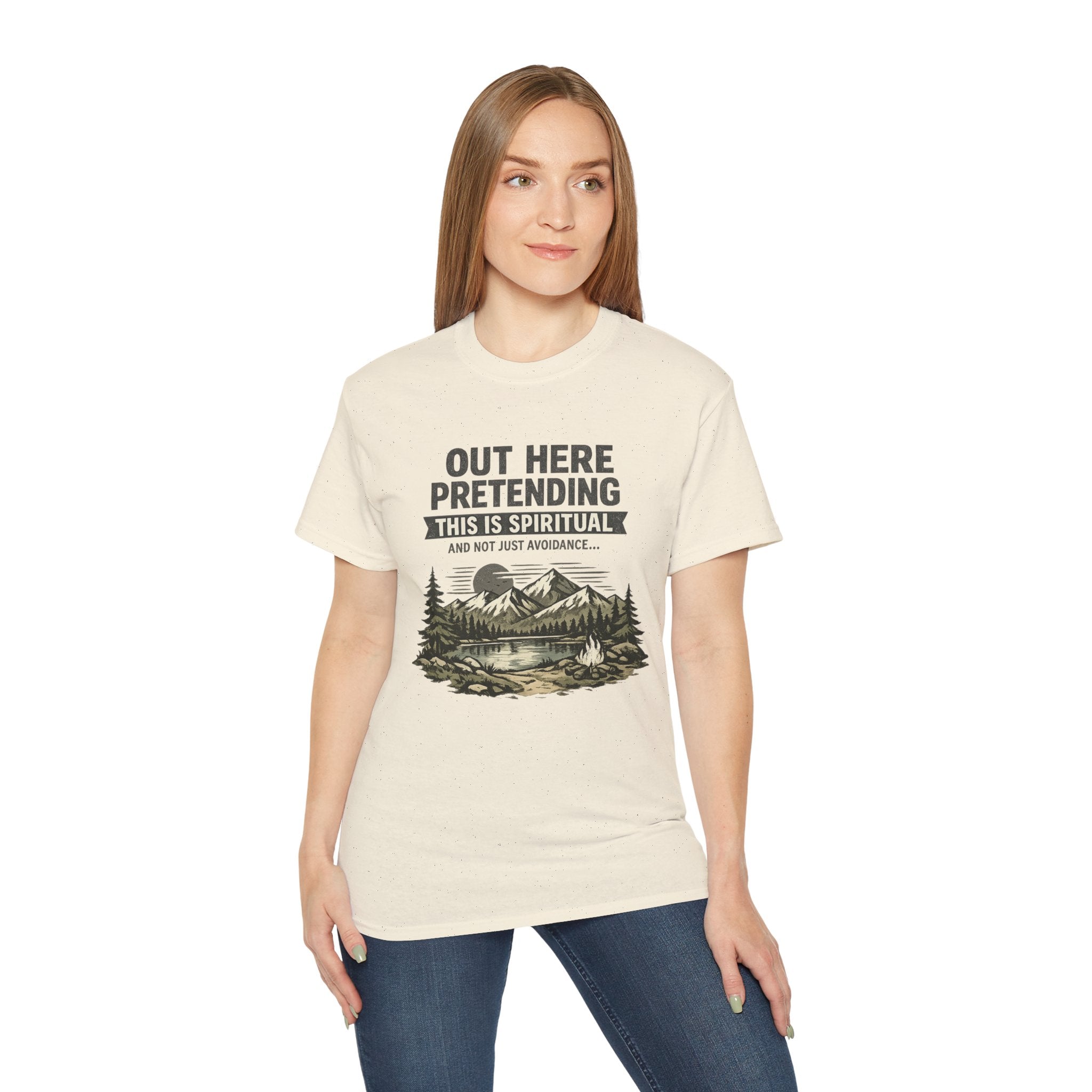 “Out Here Pretending This Is Spiritual” Mountain Camping Shirt