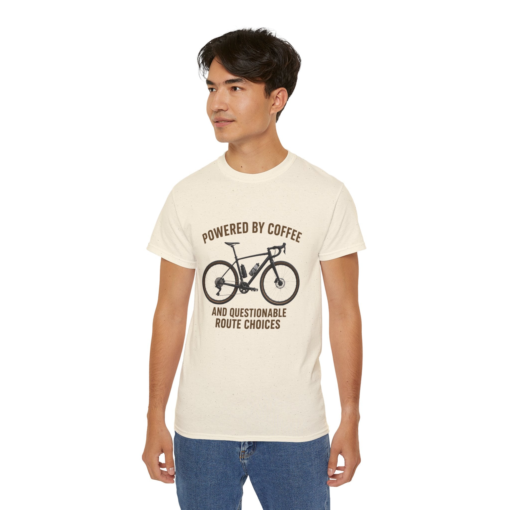 Unisex Coffee-Powered gravel Bike T-Shirt — "Powered by Coffee and Questionable Route Choices"