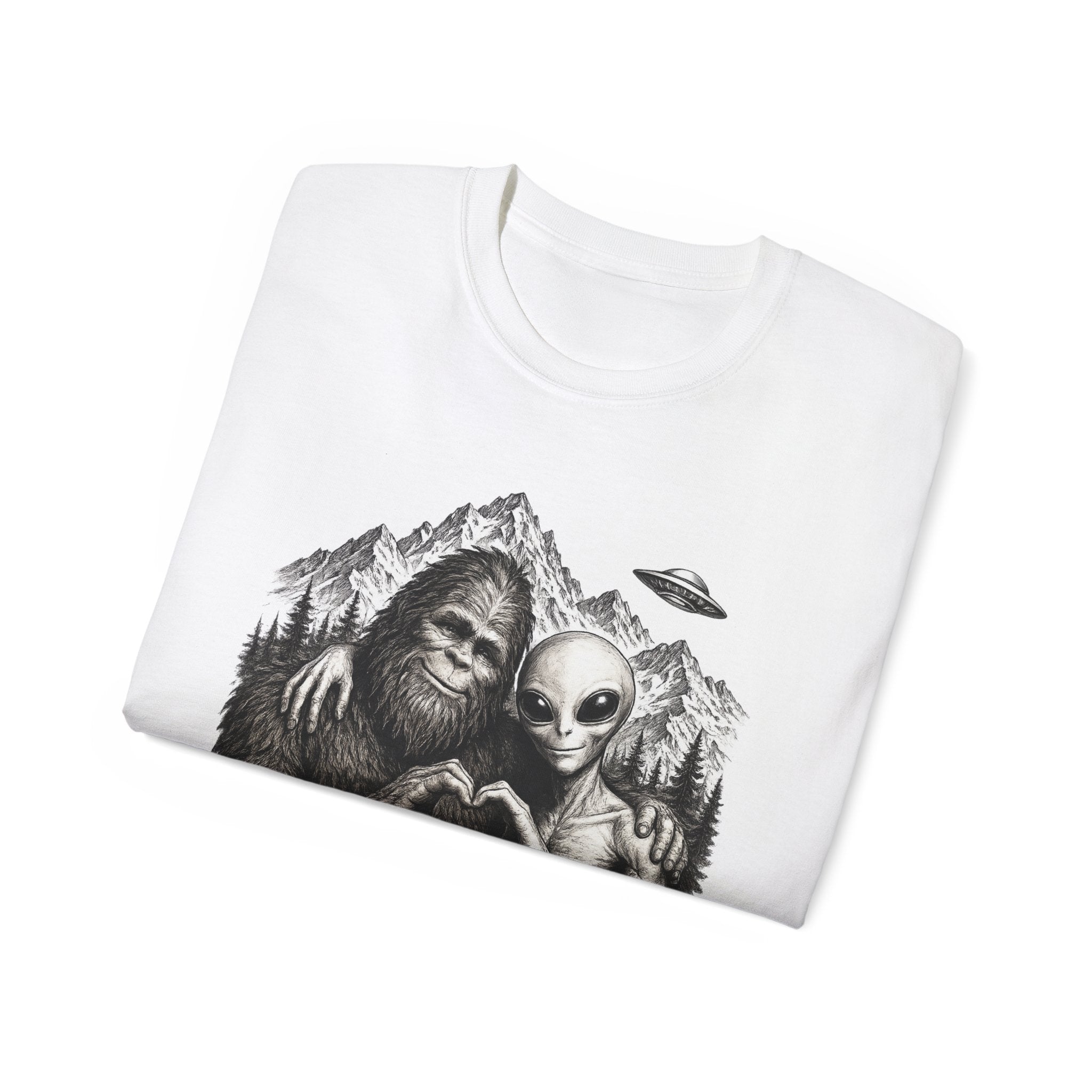 Love Is Love Tee — Bigfoot & Alien Heart Graphic T-Shirt