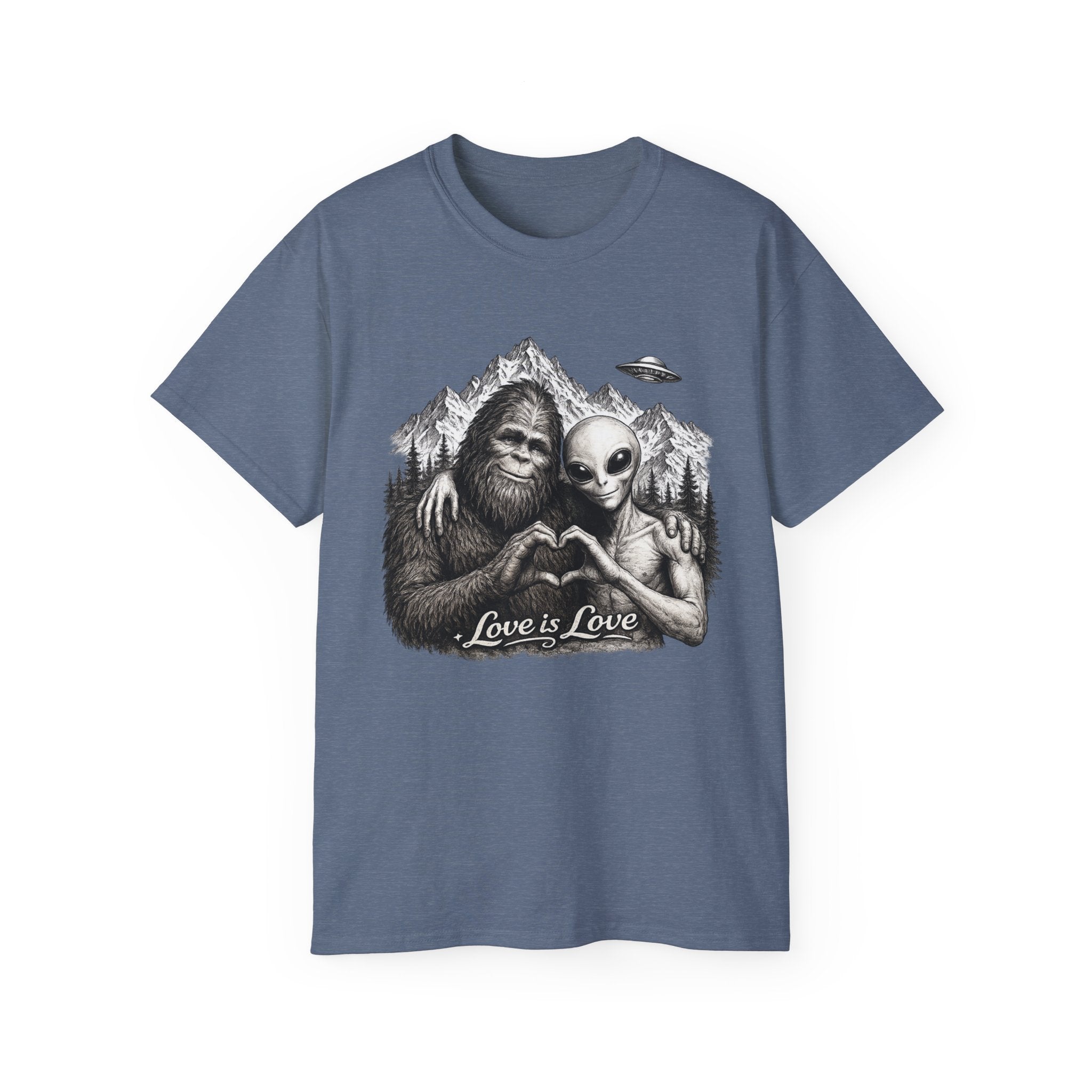 Love Is Love Tee — Bigfoot & Alien Heart Graphic T-Shirt