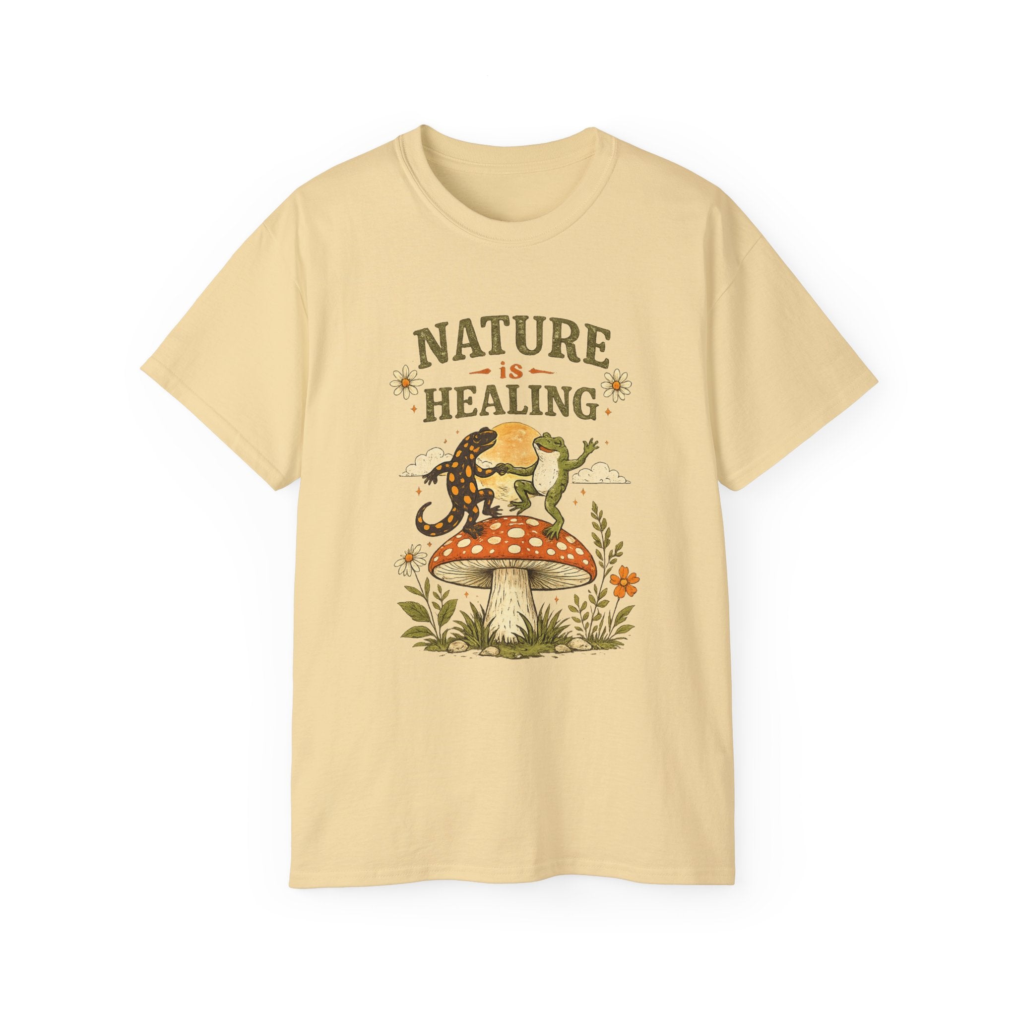 Nature Is Healing T‑Shirt — Retro Mushroom & frog lizard Graphic Tee