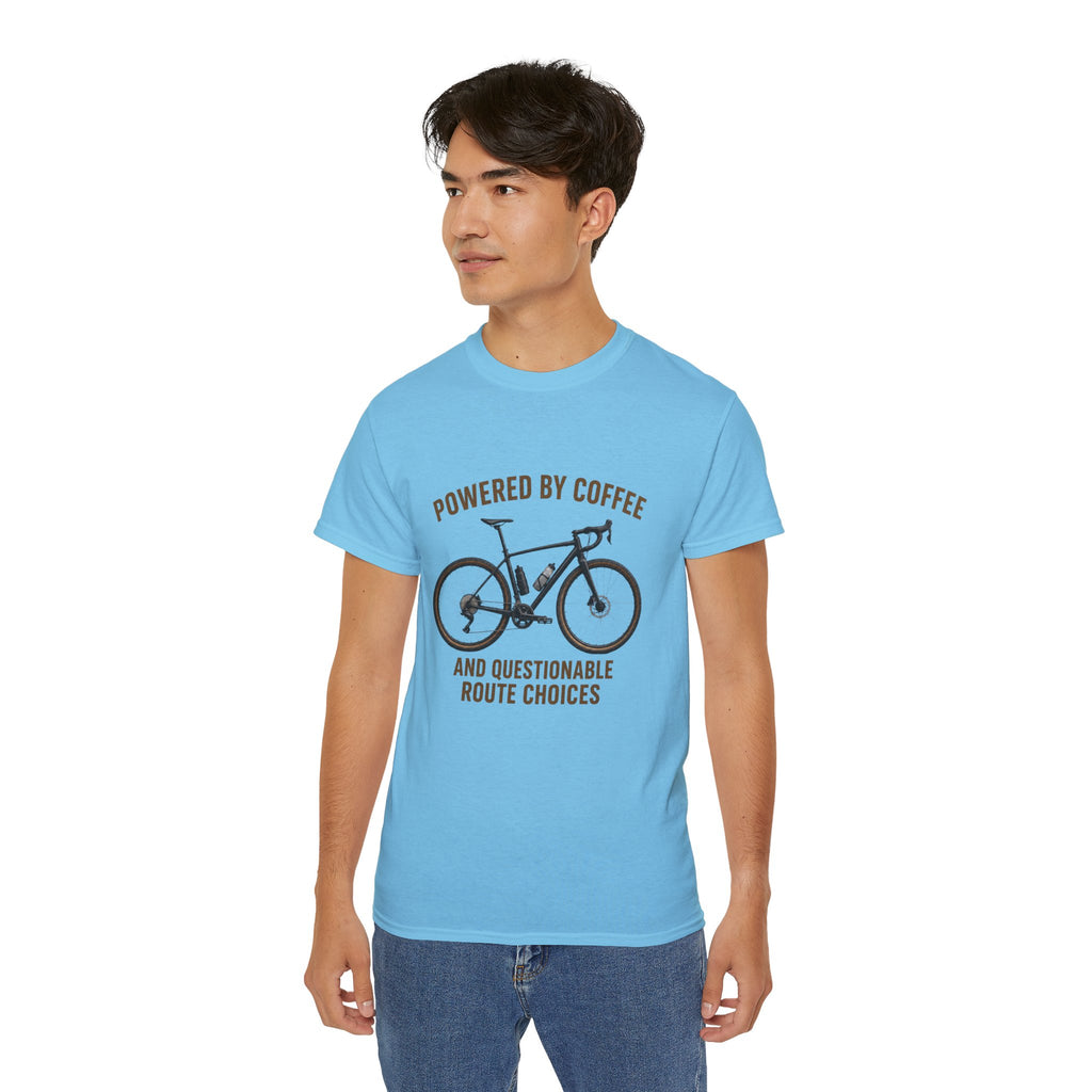 Unisex Coffee-Powered gravel Bike T-Shirt — "Powered by Coffee and Questionable Route Choices"