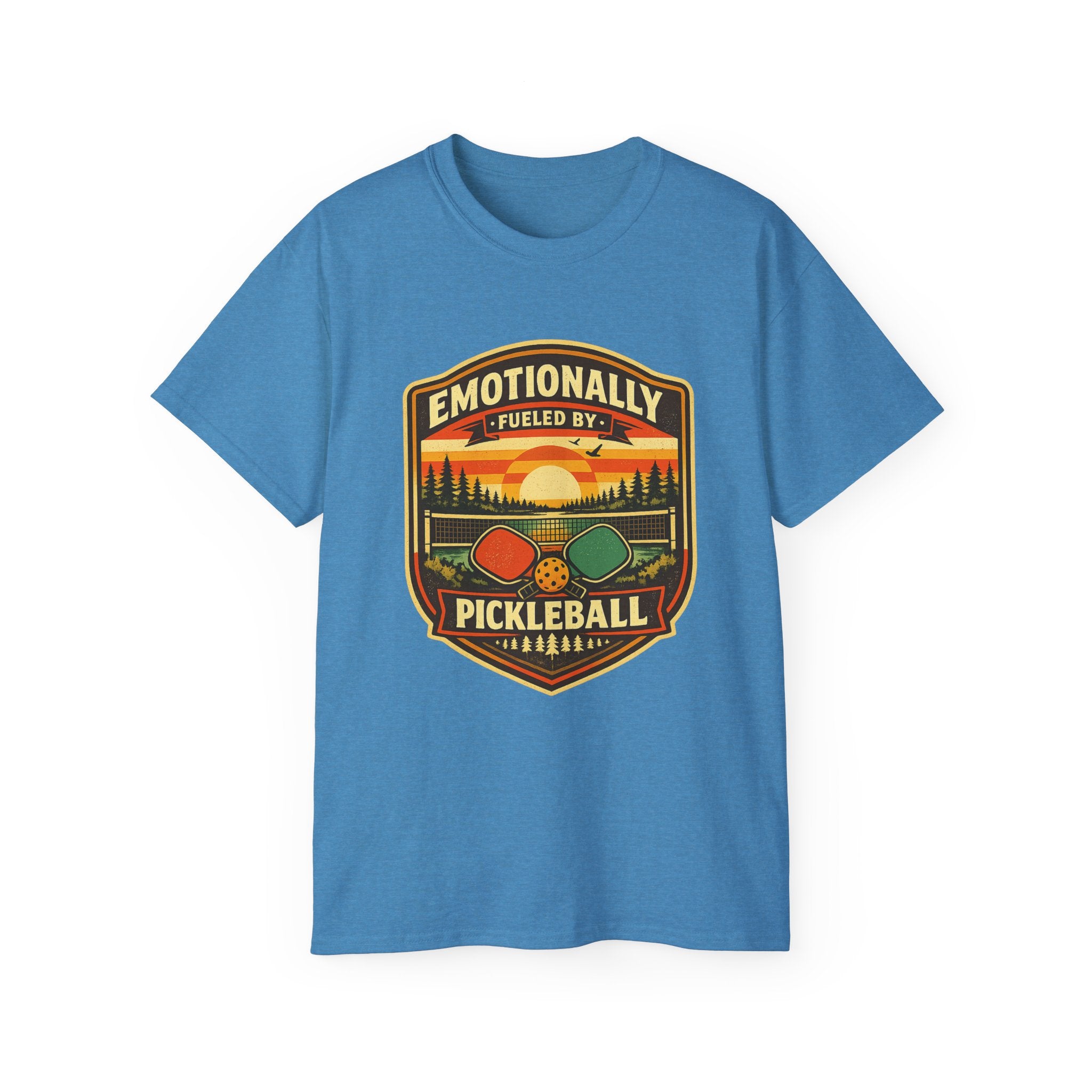 Pickleball Sunset Badge T‑Shirt  Emotionally Fueled by Pickleball