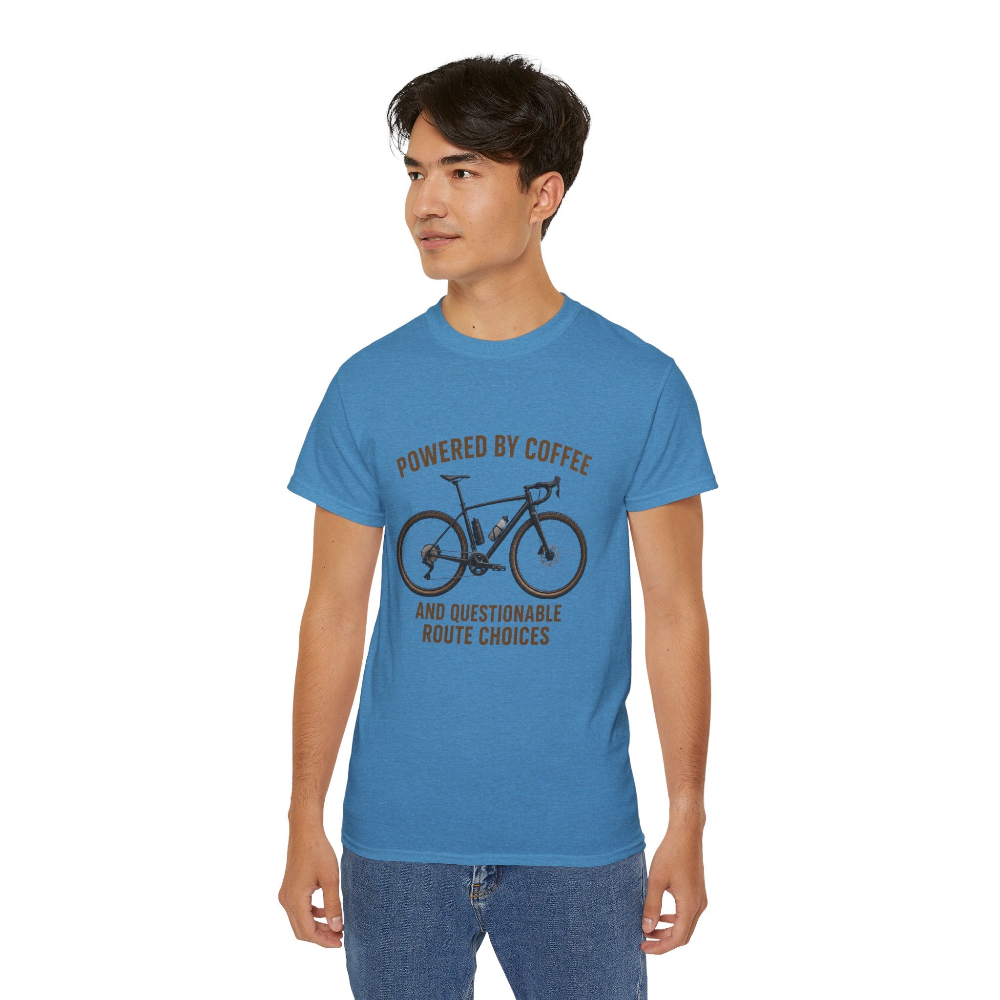 Unisex Coffee-Powered gravel Bike T-Shirt — "Powered by Coffee and Questionable Route Choices"