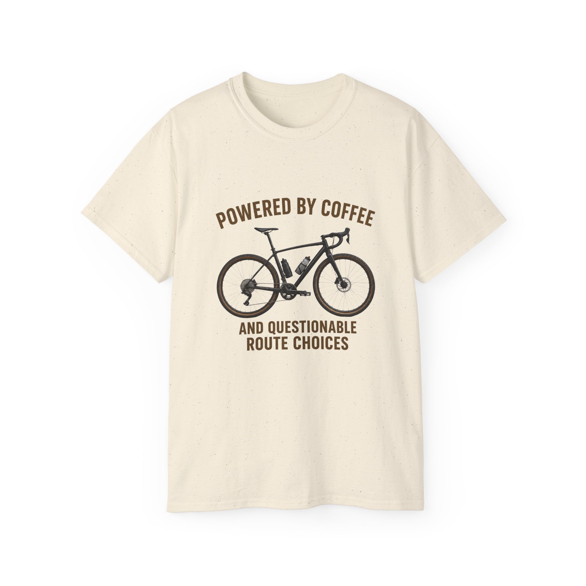 Unisex Coffee-Powered gravel Bike T-Shirt — "Powered by Coffee and Questionable Route Choices"