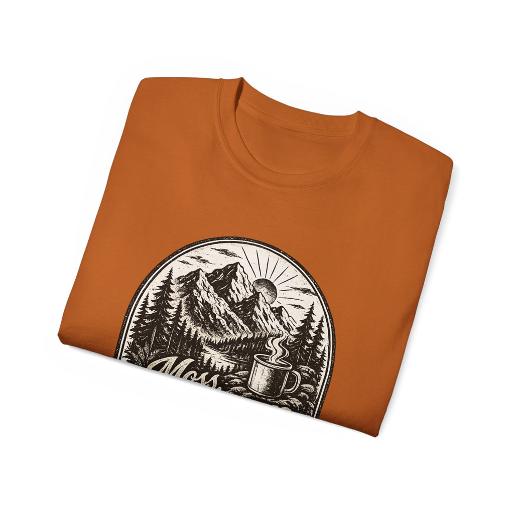 Moss, Mountains & Morning Coffee T-Shirt — Vintage Camping Coffee Tee