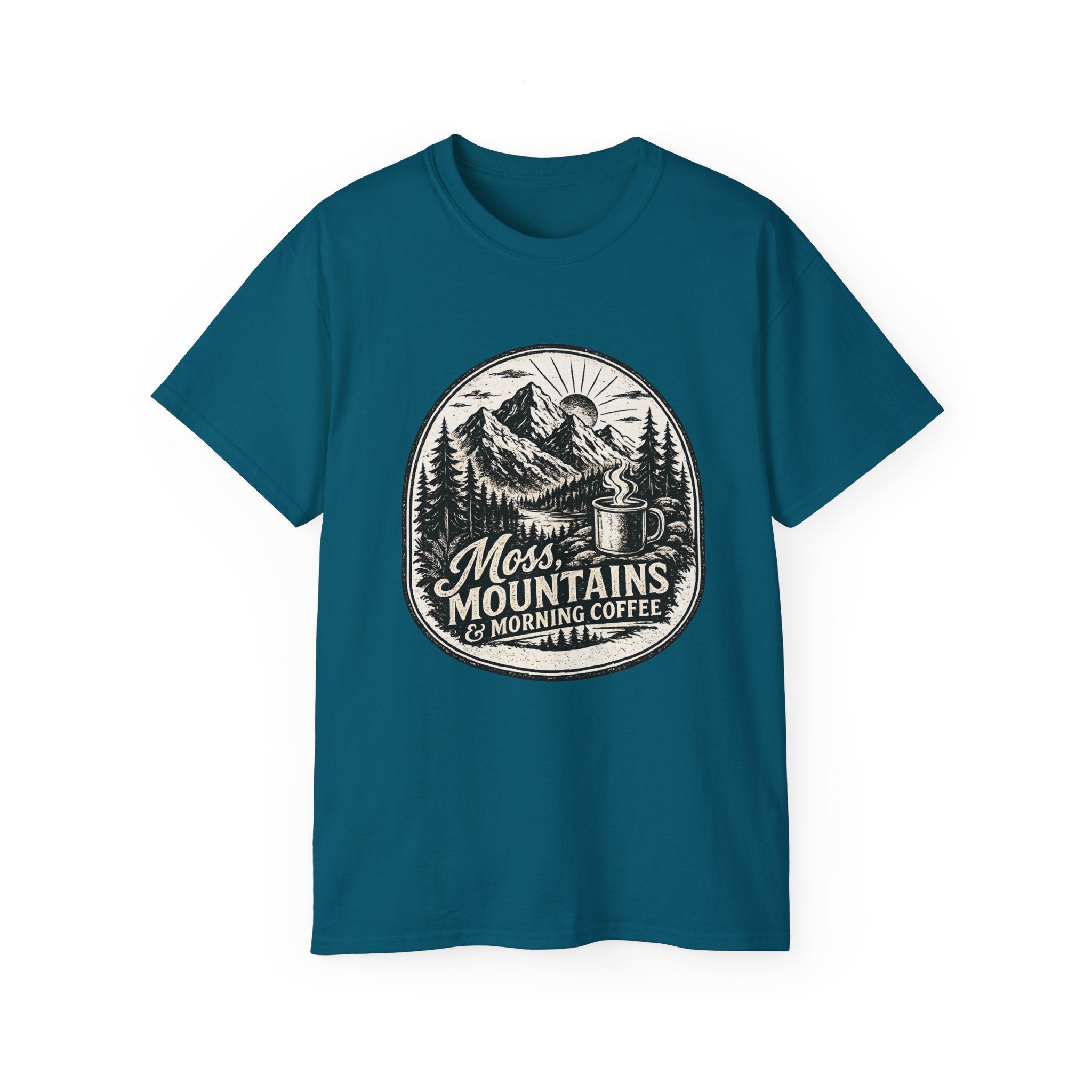 Moss, Mountains & Morning Coffee T-Shirt — Vintage Camping Coffee Tee
