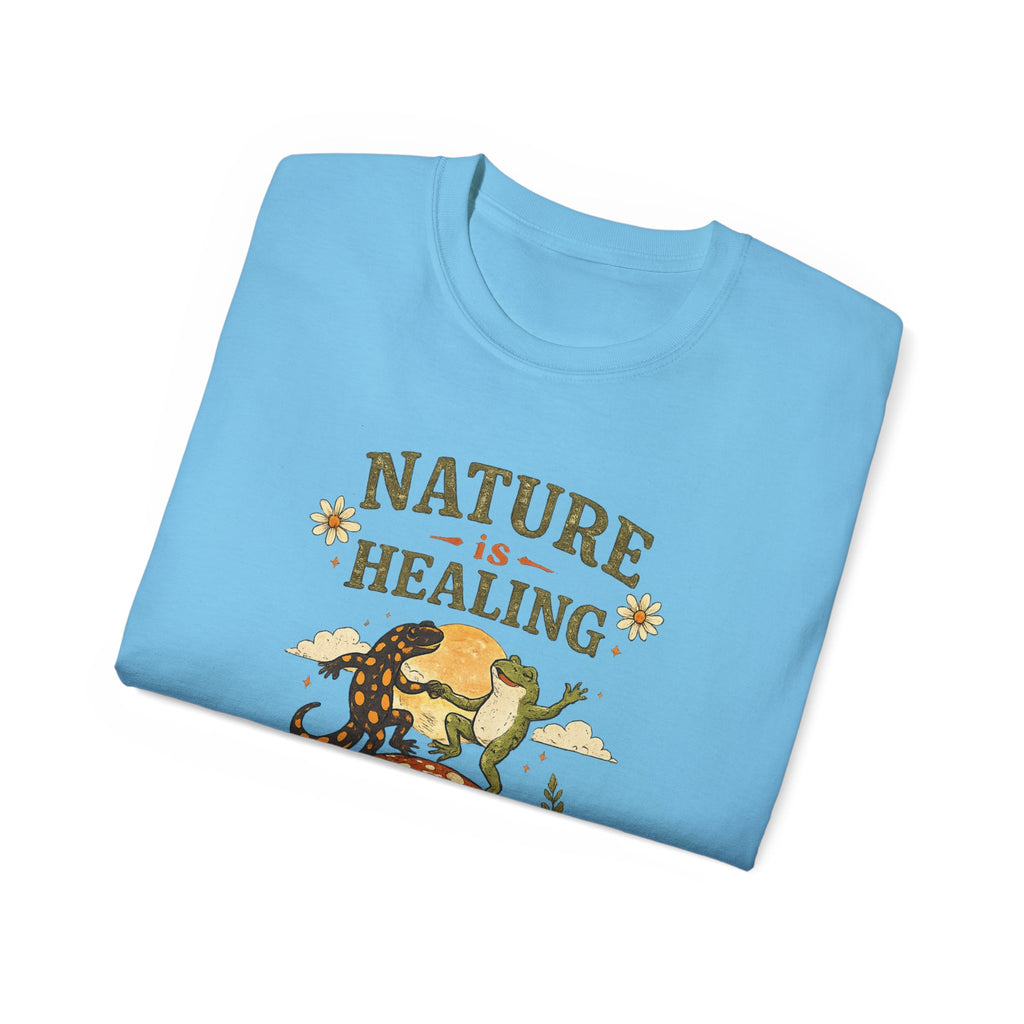 Nature Is Healing T‑Shirt — Retro Mushroom & frog lizard Graphic Tee