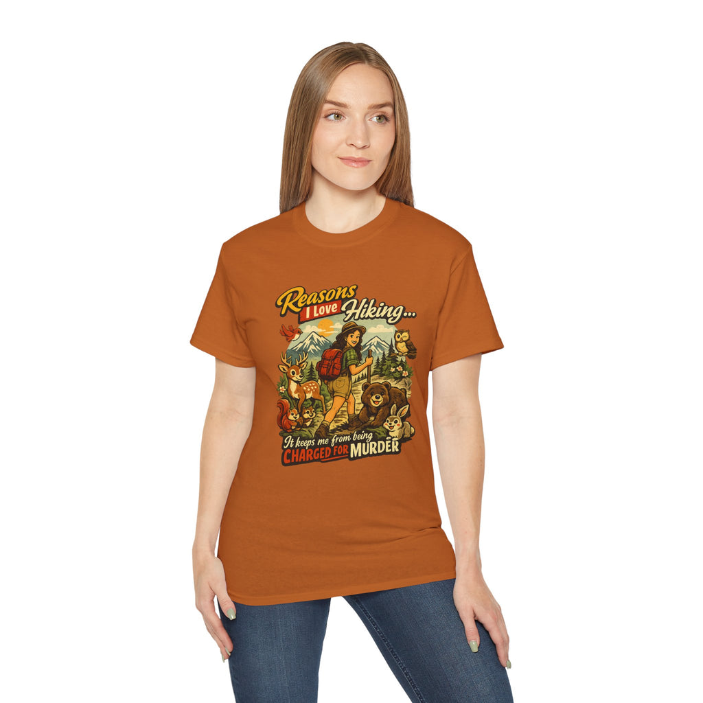 Hiking T-Shirt — "Reasons I Love Hiking... It Keeps Me From Being Charged For Murder" Retro Outdoor Tee