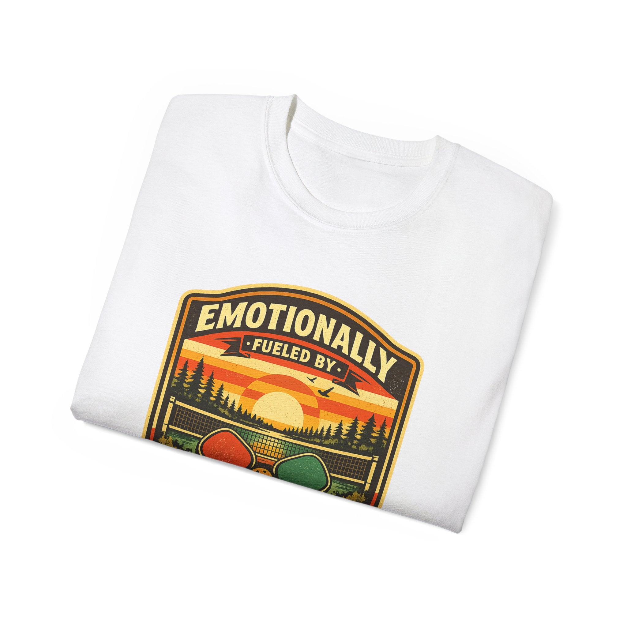 Pickleball Sunset Badge T‑Shirt  Emotionally Fueled by Pickleball