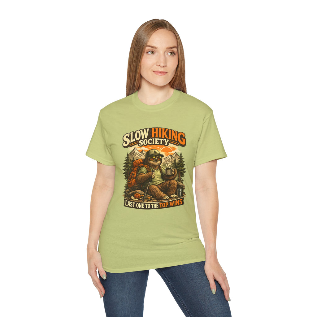 Slow Hiking Society T-Shirt — "Last One to the Top Wins" Vintage Outdoor Tee