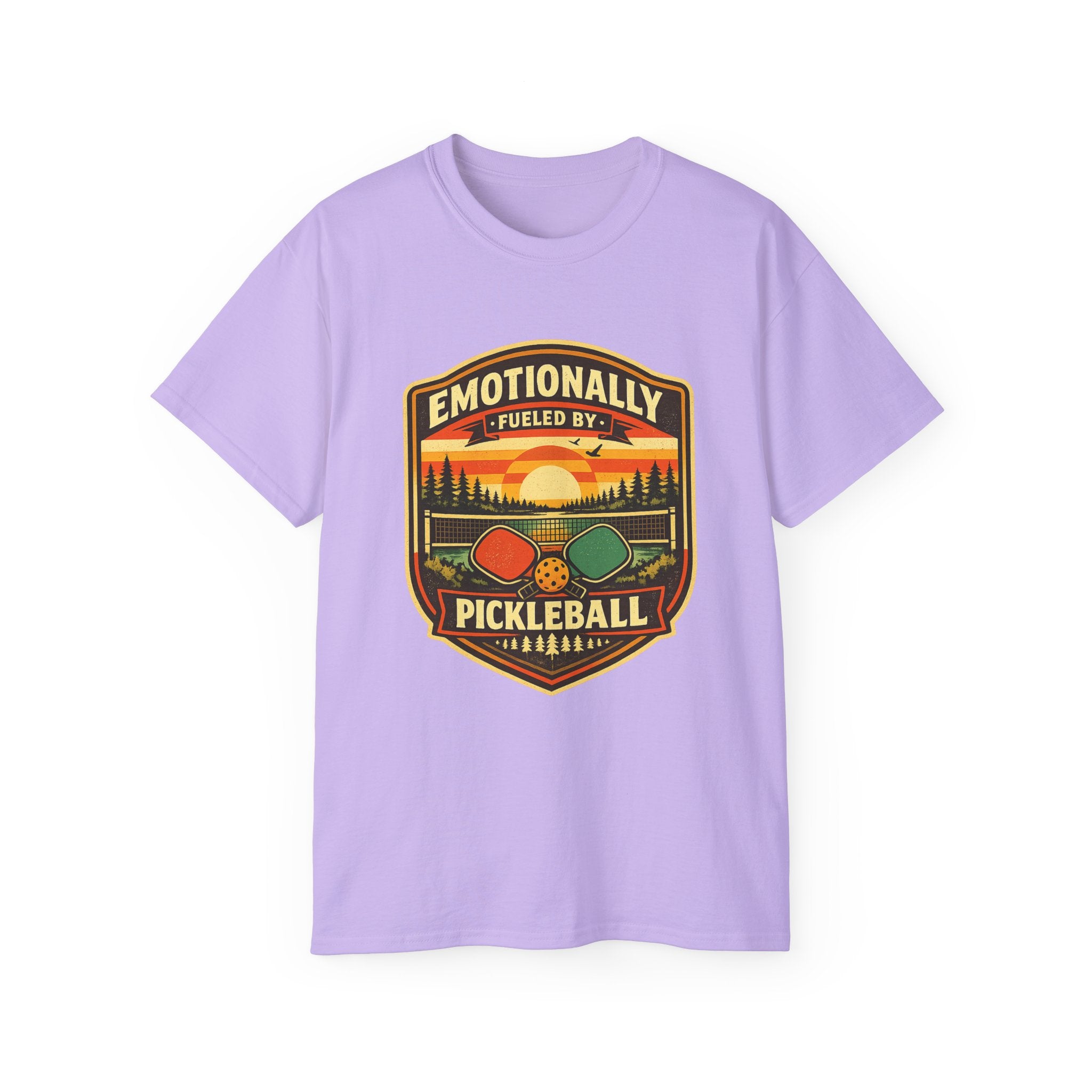 Pickleball Sunset Badge T‑Shirt  Emotionally Fueled by Pickleball