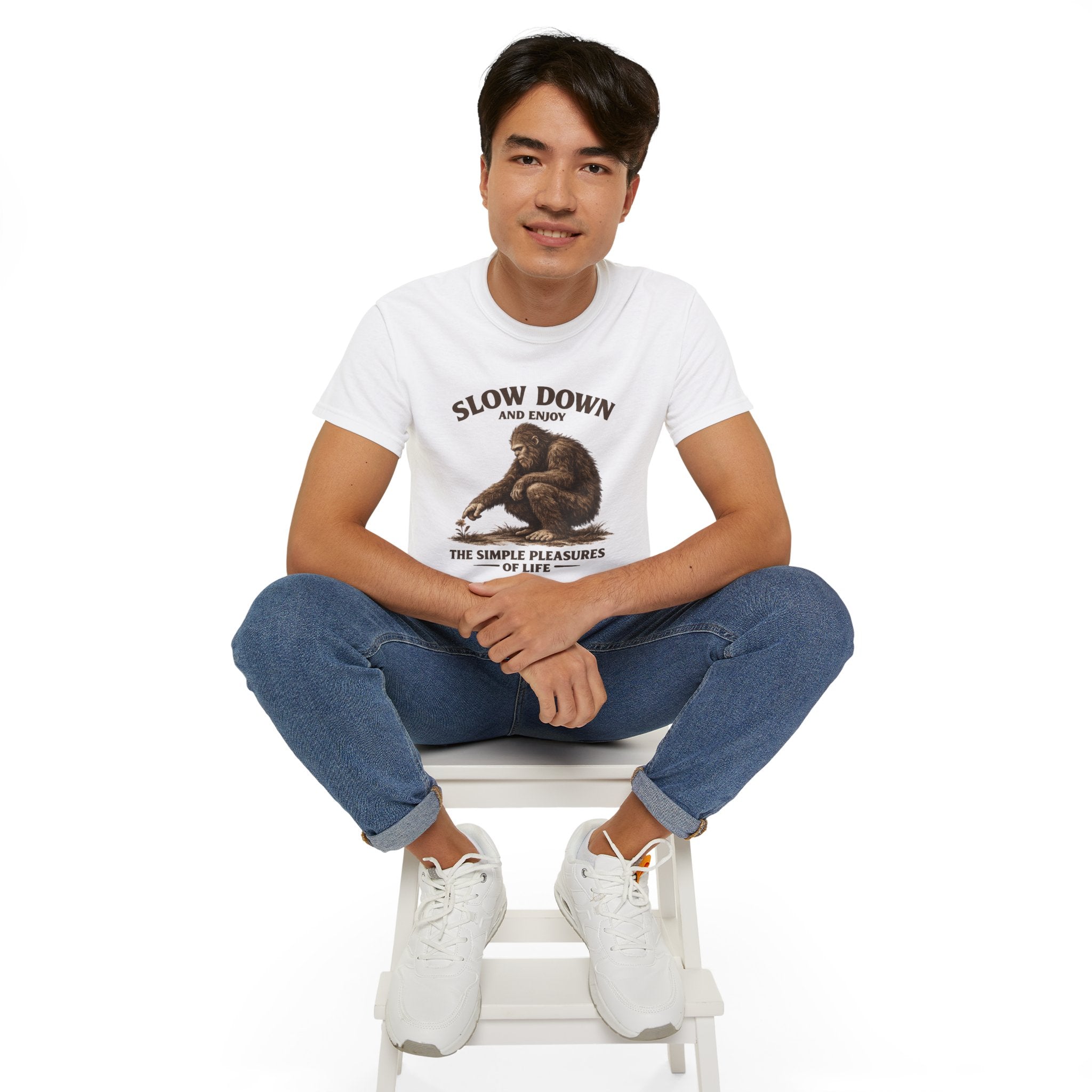 Slow Down BigFoot Tee — "Slow Down and Enjoy the Simple Pleasures of Life" Cotton T-Shirt