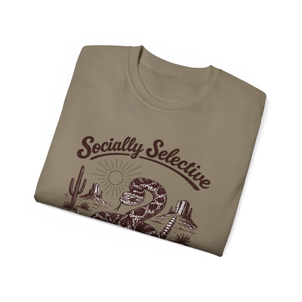 T-Shirt — "Socially Selective Since Birth" Vintage Desert Snake Graphic Tee
