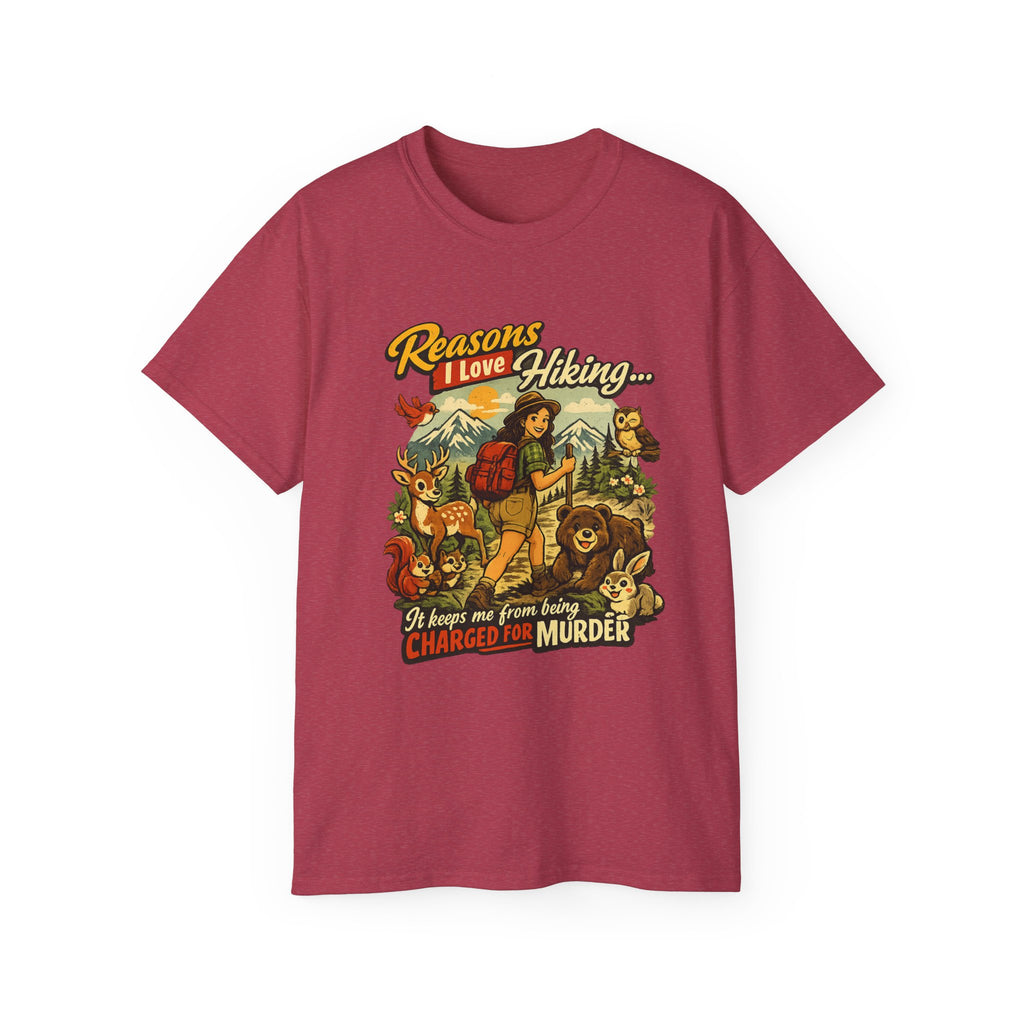 Hiking T-Shirt — "Reasons I Love Hiking... It Keeps Me From Being Charged For Murder" Retro Outdoor Tee