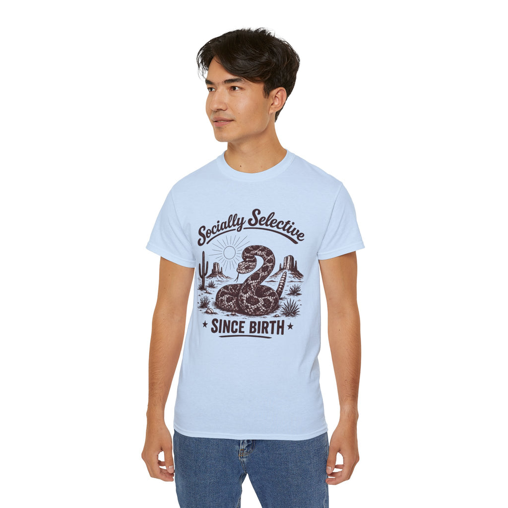 T-Shirt — "Socially Selective Since Birth" Vintage Desert Snake Graphic Tee