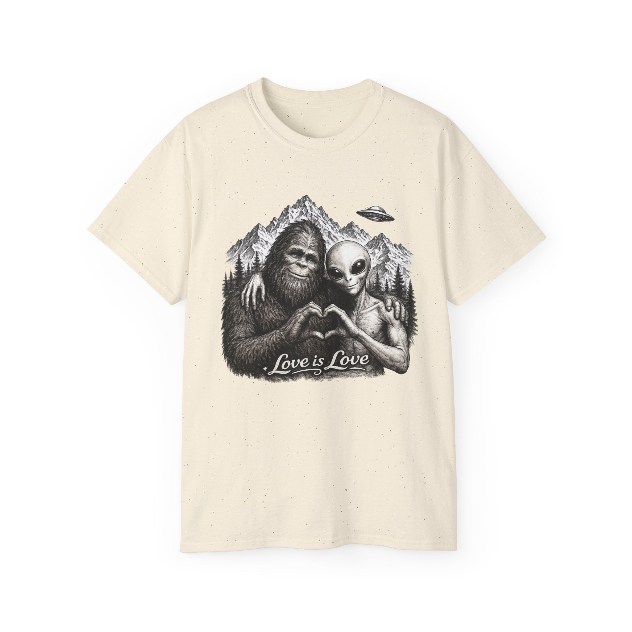 Love Is Love Tee — Bigfoot & Alien Heart Graphic T-Shirt