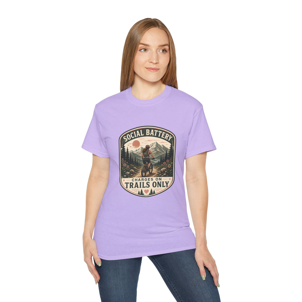 Woman’s Mountain biking T-Shirt — “Social Battery Charges On Trails Only” Outdoor Adventure Tee