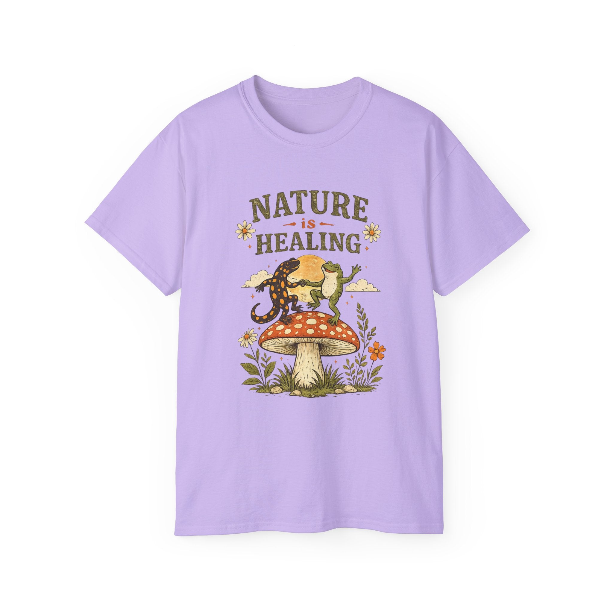 Nature Is Healing T‑Shirt — Retro Mushroom & frog lizard Graphic Tee