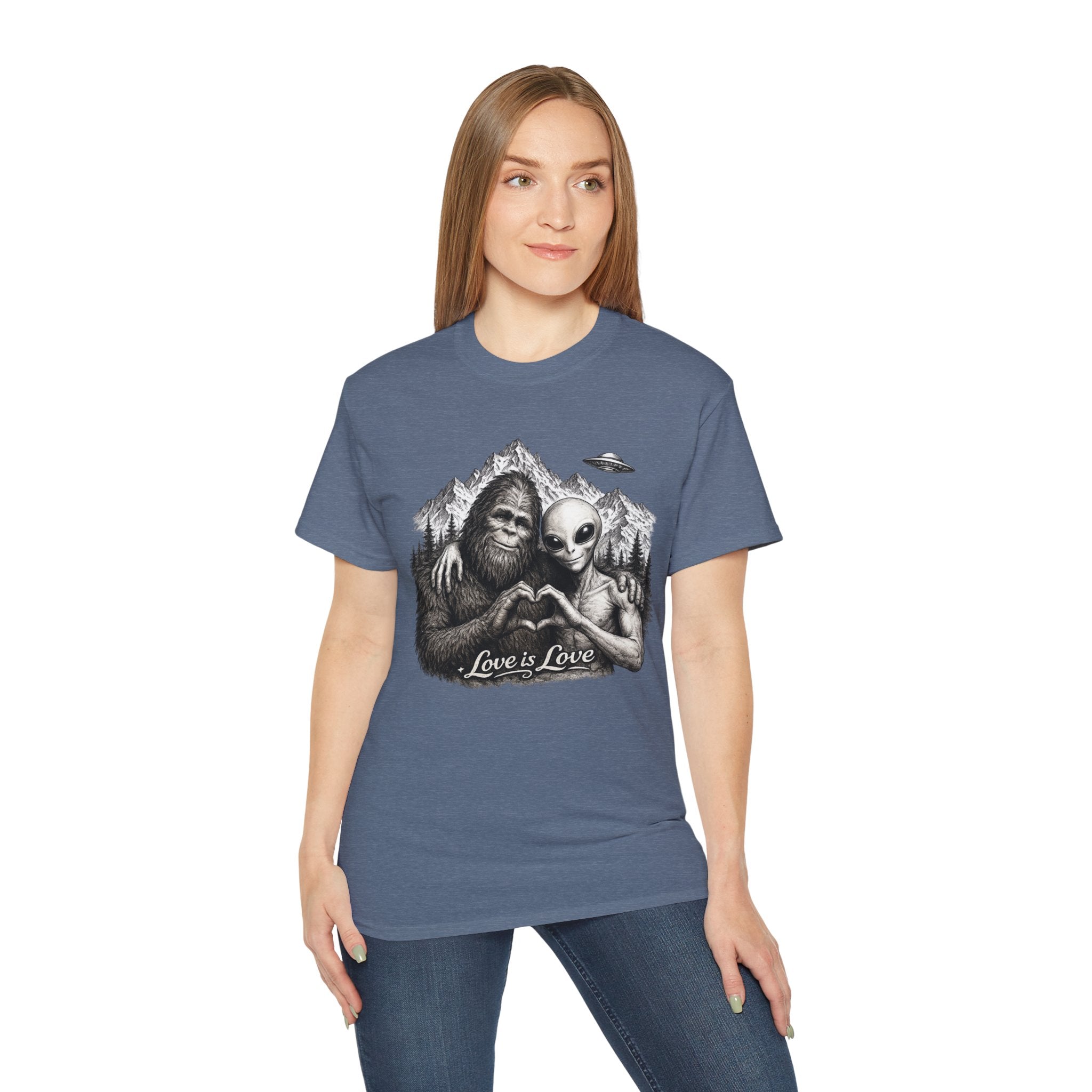 Love Is Love Tee — Bigfoot & Alien Heart Graphic T-Shirt