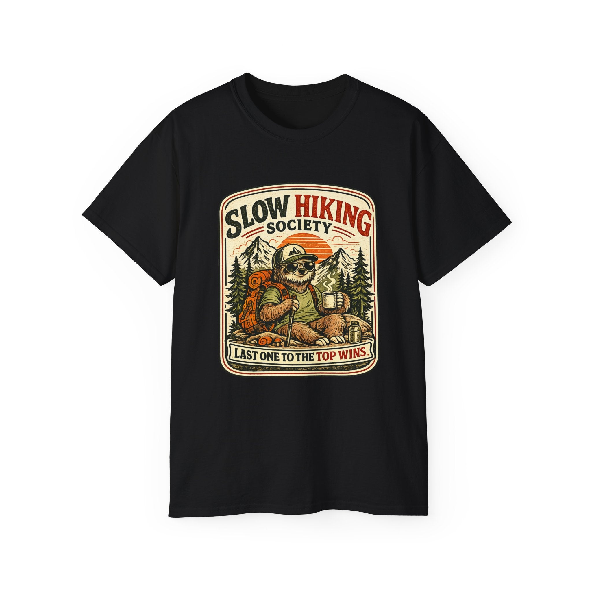 Slow Hiking Society T-Shirt — 'Last One to the Top Wins' Vintage Outdoor Tee