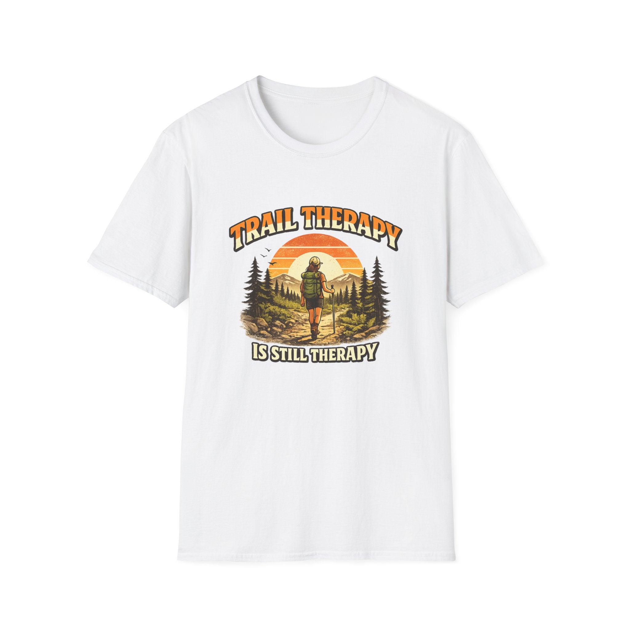 Woman’s Trail Therapy T-Shirt — Female Hiker Sunset Graphic