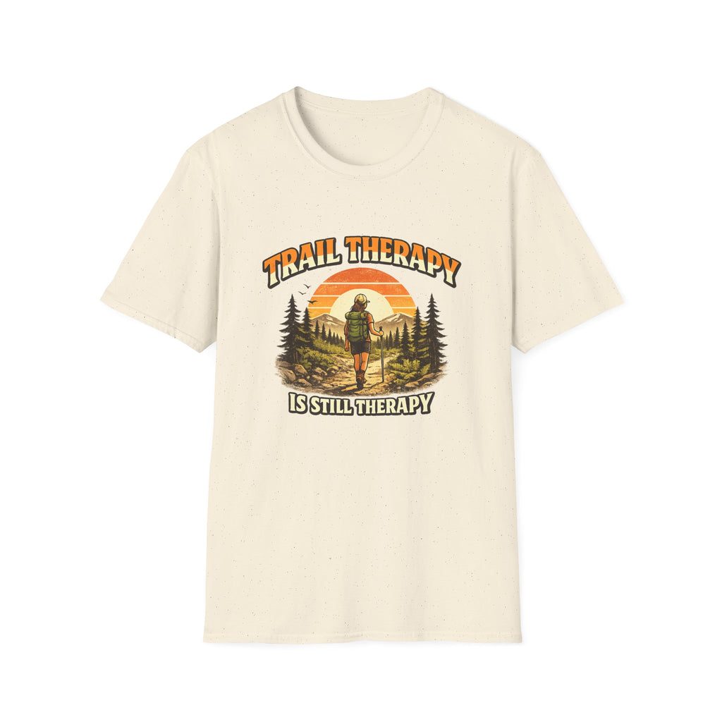 Woman’s Trail Therapy T-Shirt — Female Hiker Sunset Graphic