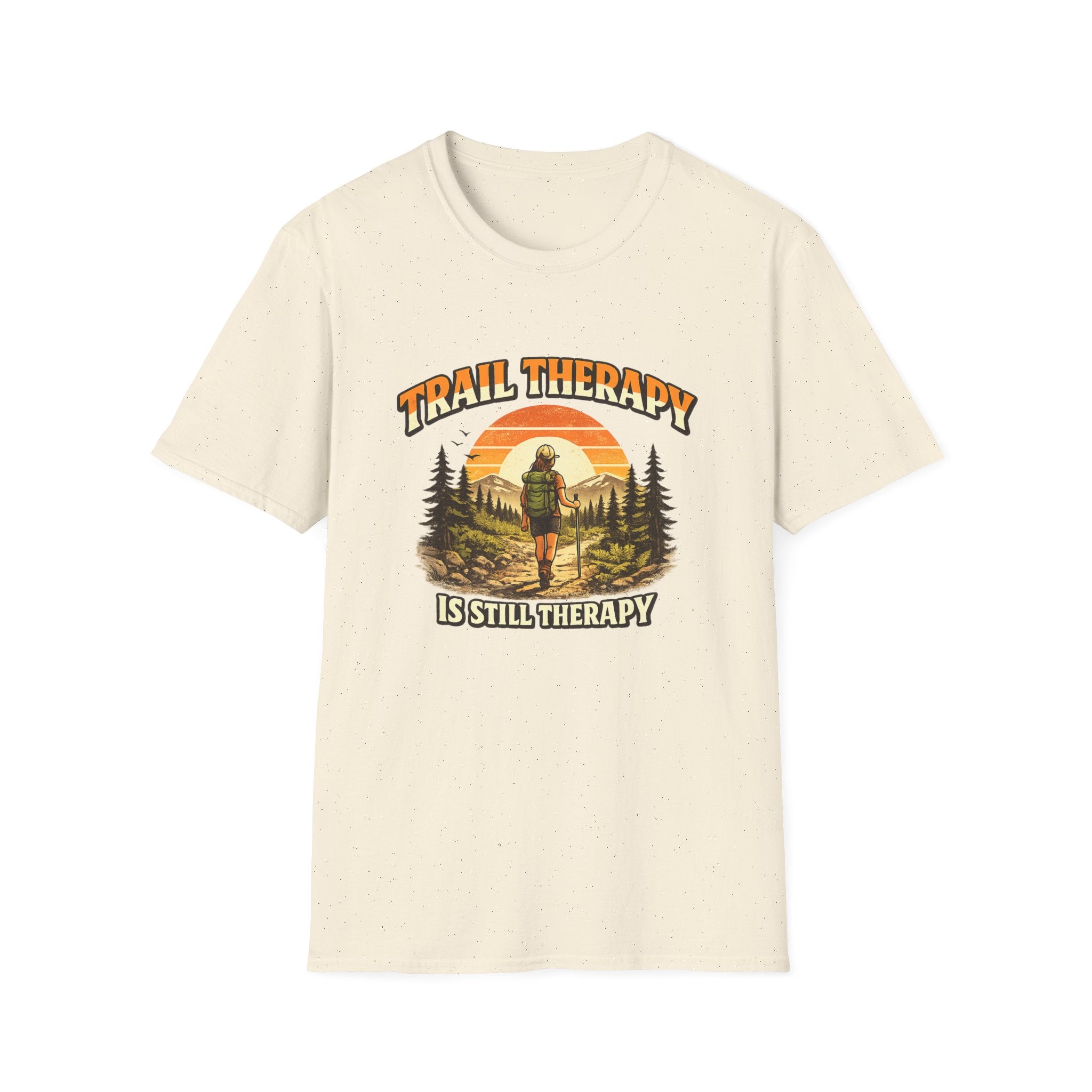 Woman’s Trail Therapy T-Shirt — Female Hiker Sunset Graphic