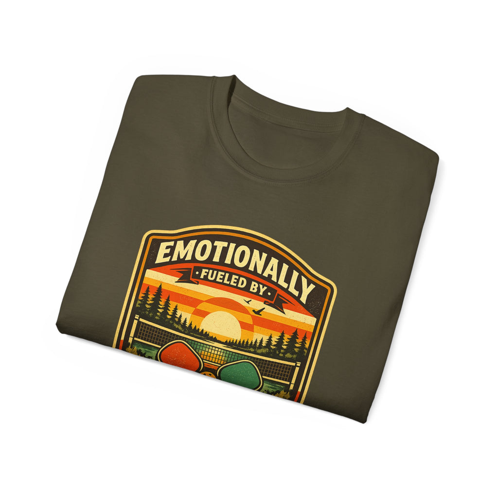 Pickleball Sunset Badge T‑Shirt  Emotionally Fueled by Pickleball