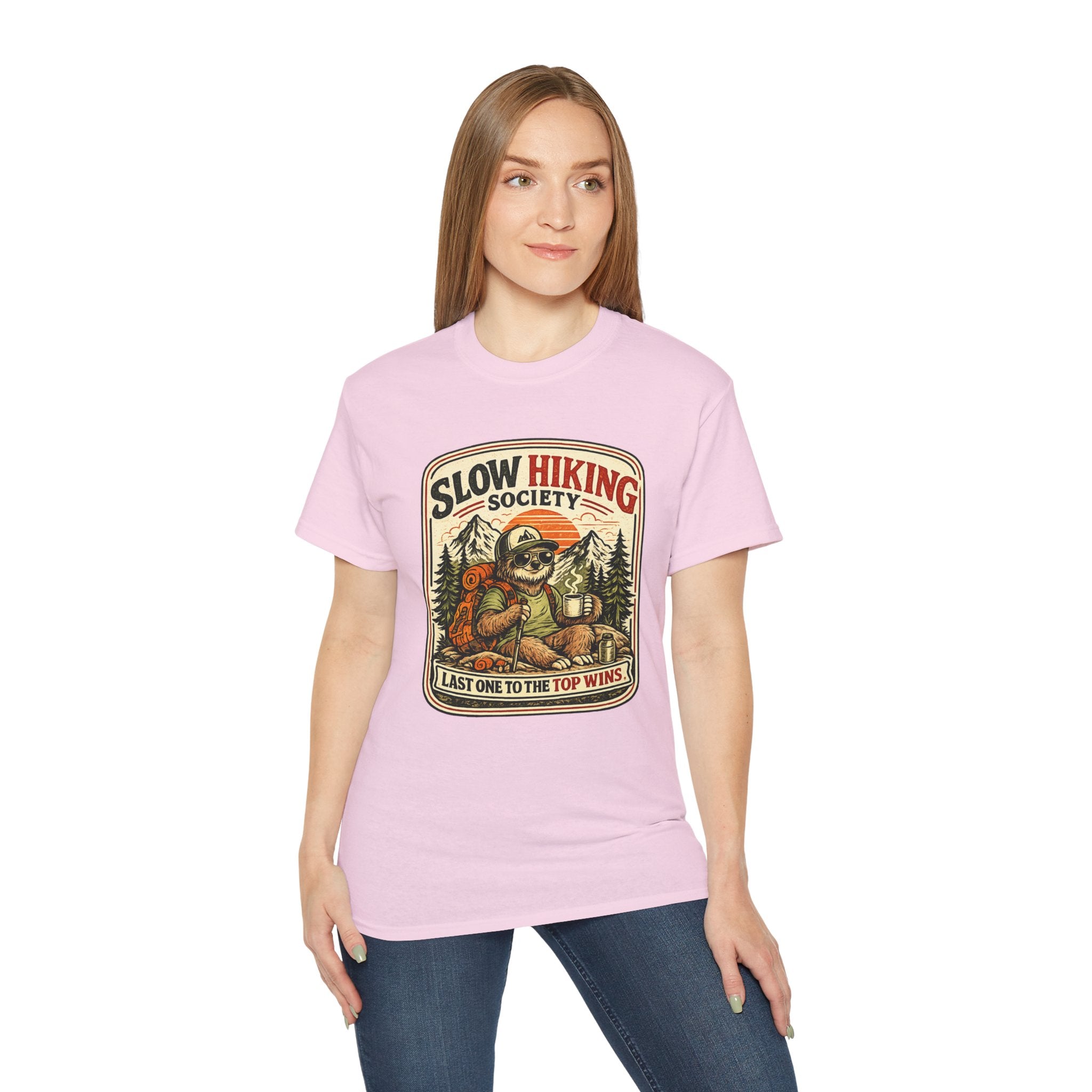 Slow Hiking Society T-Shirt — 'Last One to the Top Wins' Vintage Outdoor Tee