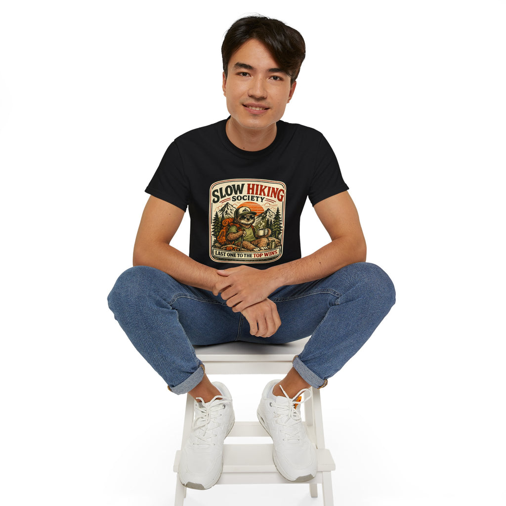 Slow Hiking Society T-Shirt — 'Last One to the Top Wins' Vintage Outdoor Tee