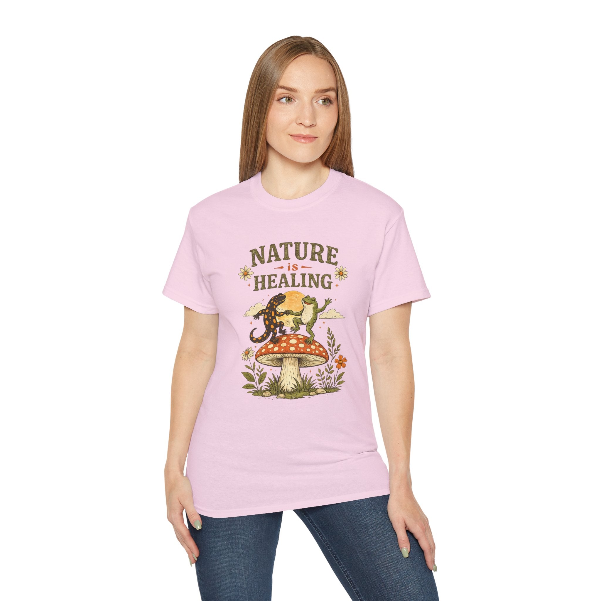 Nature Is Healing T‑Shirt — Retro Mushroom & frog lizard Graphic Tee