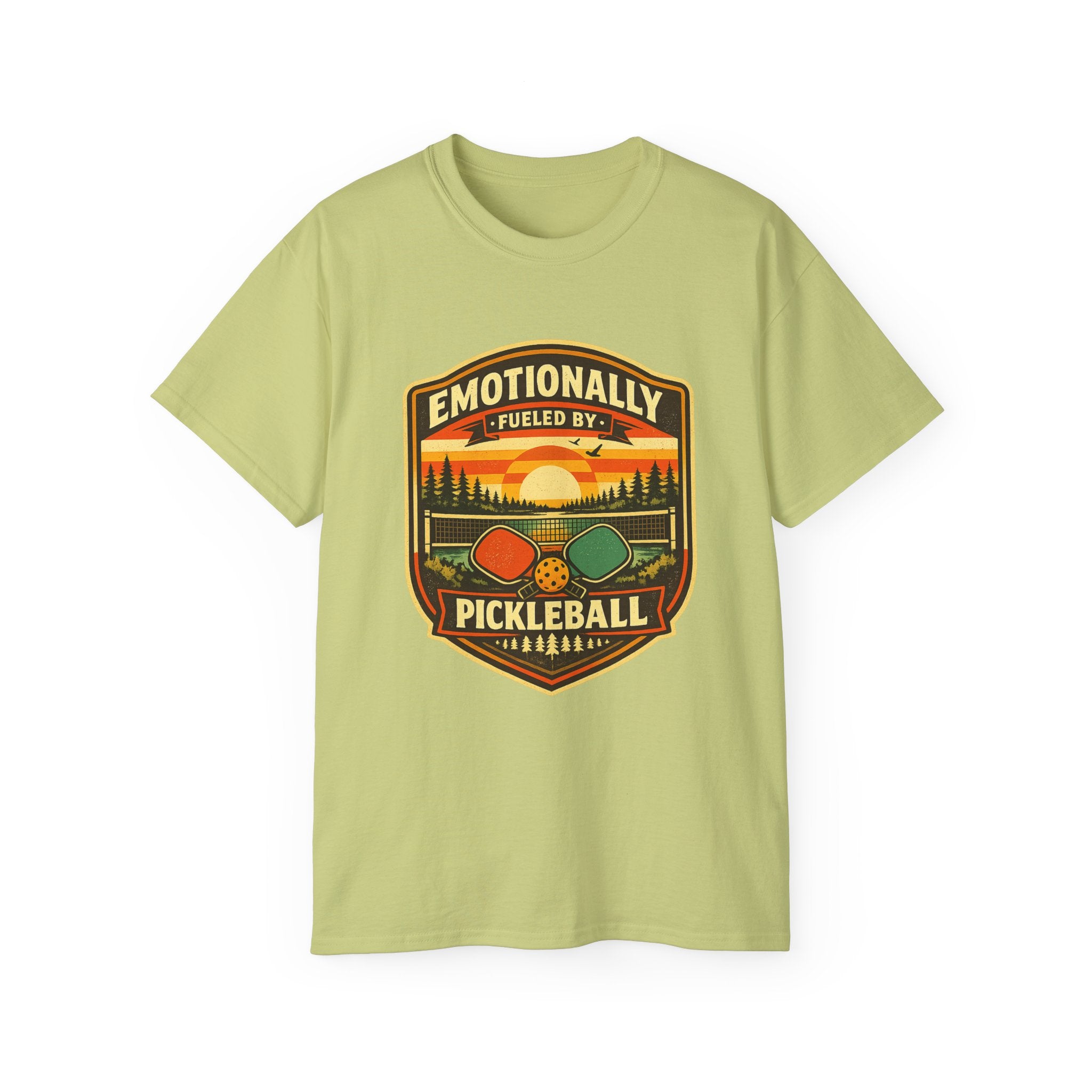 Pickleball Sunset Badge T‑Shirt  Emotionally Fueled by Pickleball
