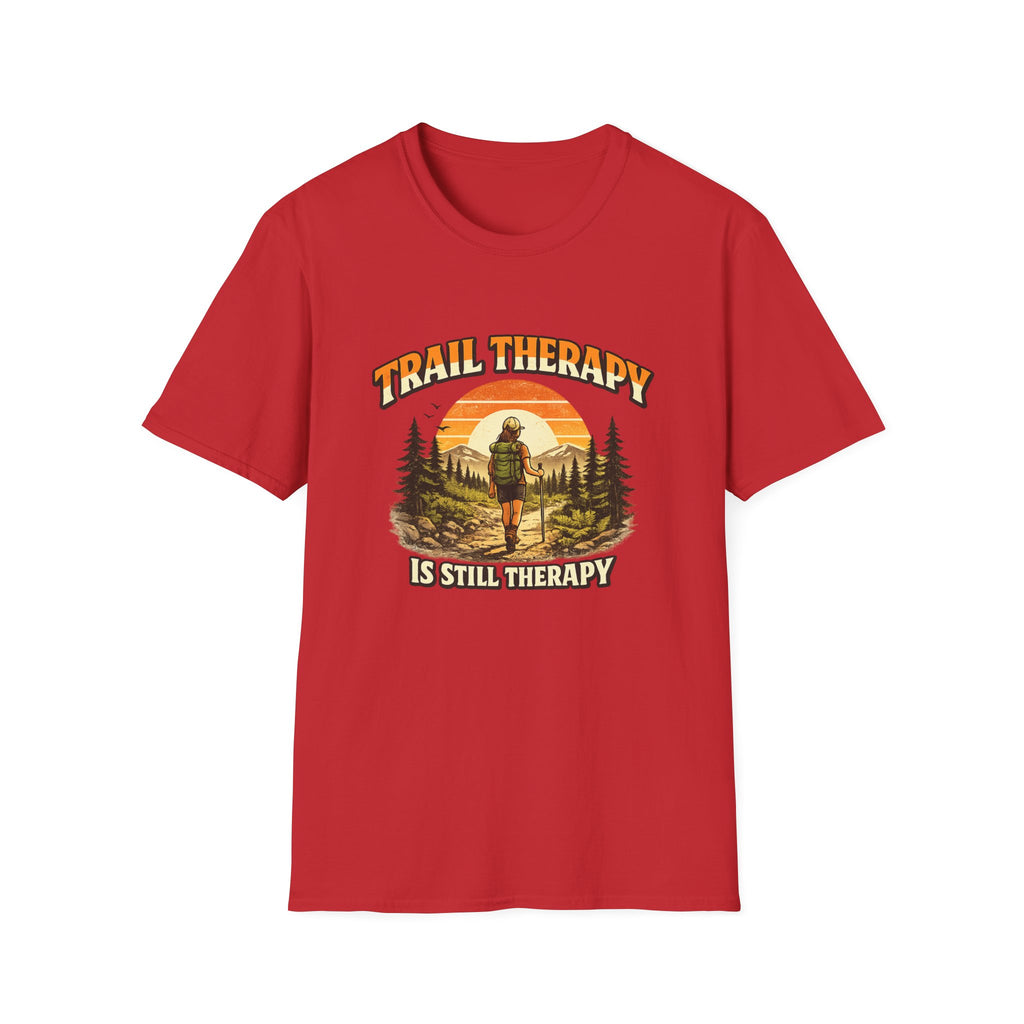 Woman’s Trail Therapy T-Shirt — Female Hiker Sunset Graphic