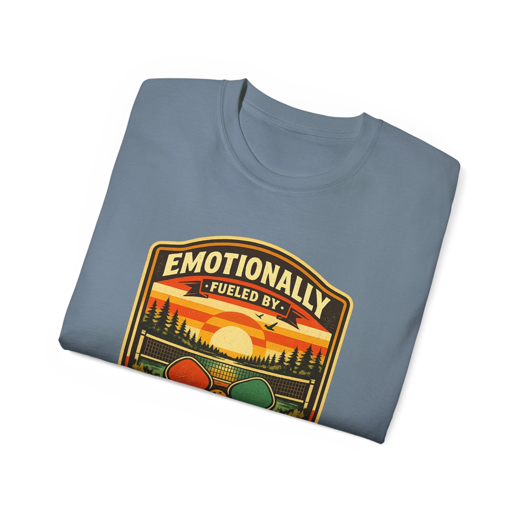 Pickleball Sunset Badge T‑Shirt  Emotionally Fueled by Pickleball