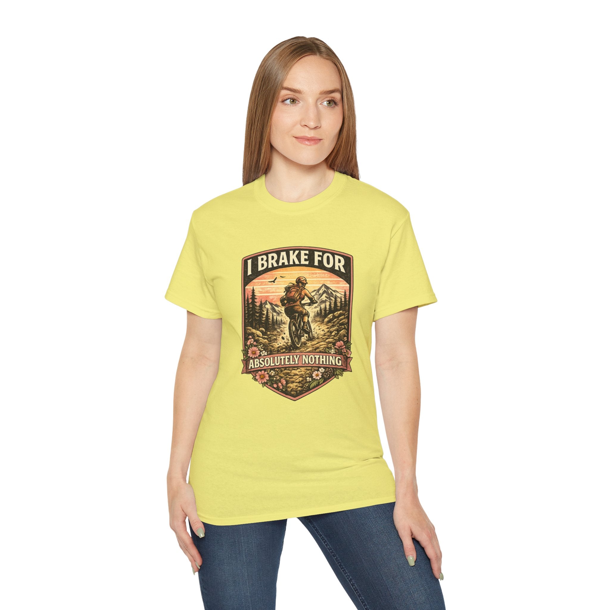 I Brake For Absolutely Nothing womans mountain biking Tee shirt  Vintage Outdoors MTB Tee