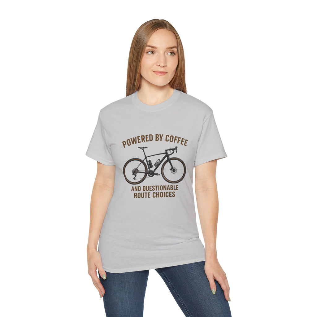 Unisex Coffee-Powered gravel Bike T-Shirt — "Powered by Coffee and Questionable Route Choices"