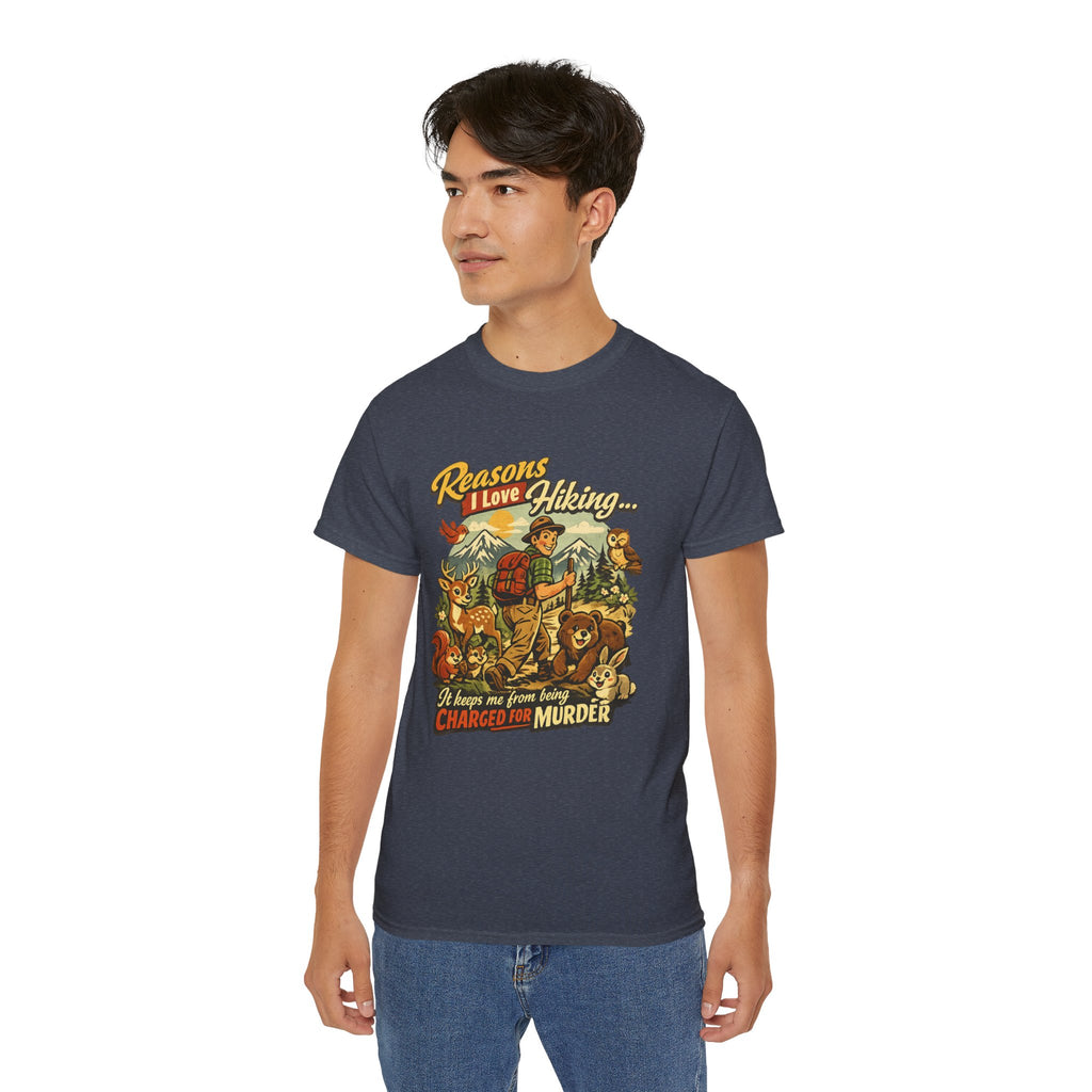 Hiking T-Shirt — Men’s "Reasons I Love Hiking... It Keeps Me From Being Charged For Murder" Vintage Outdoor Tee