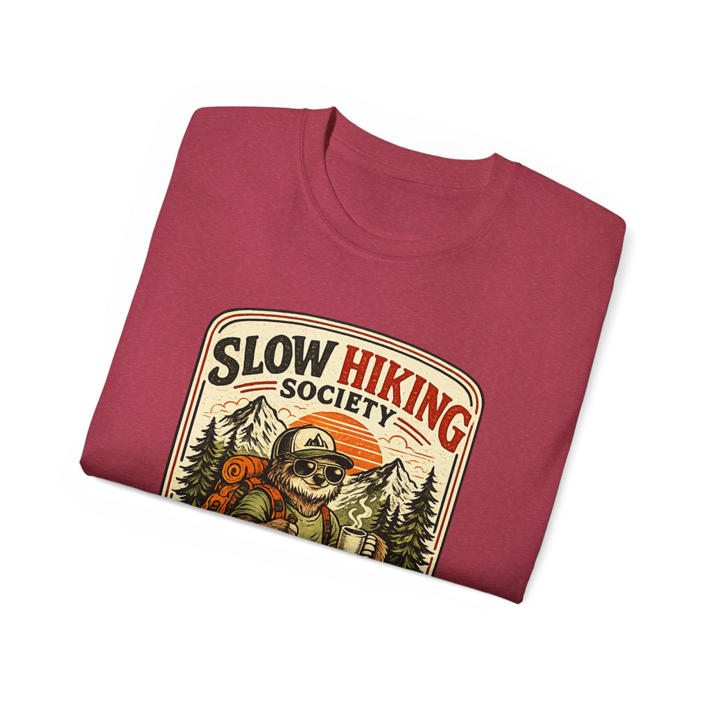 Slow Hiking Society T-Shirt — 'Last One to the Top Wins' Vintage Outdoor Tee