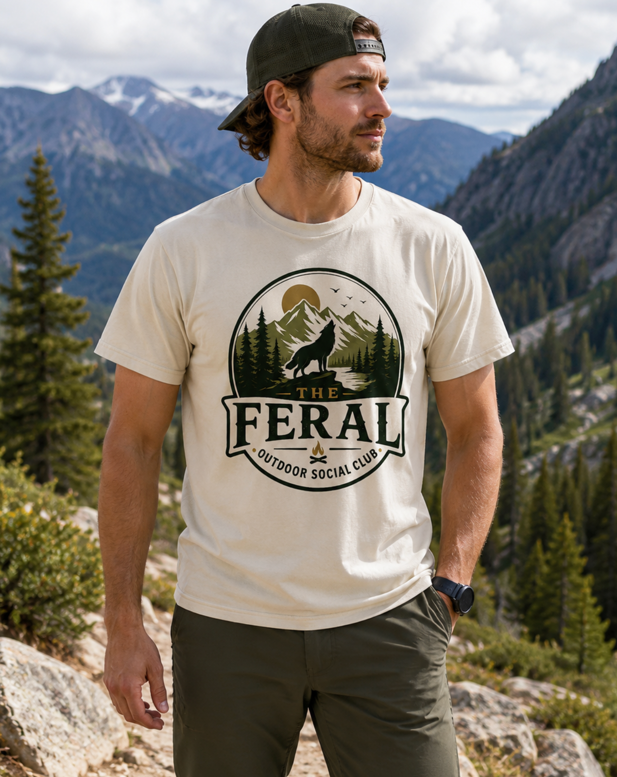 Feral Outdoor Social Club T-Shirt — Wilderness Wolf Logo Tee
