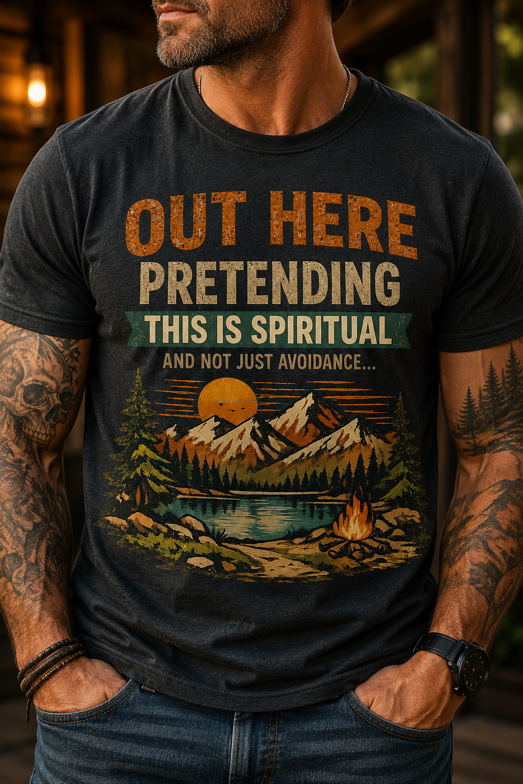 Outdoor Graphic Tee — “Out Here Pretending This Is Spiritual” Mountain Lake T‑Shirt - Because we know the truth and it's okay