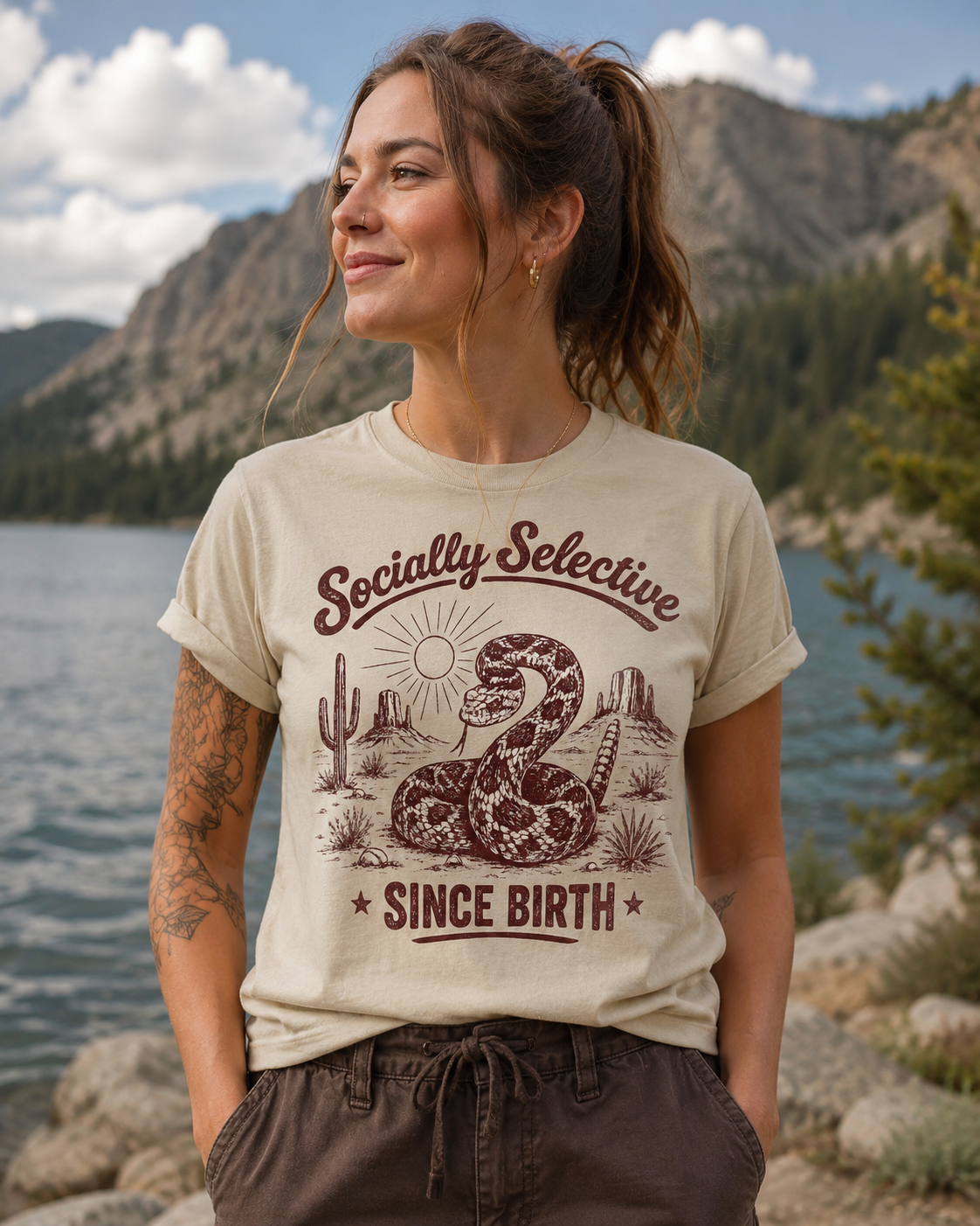 T-Shirt — "Socially Selective Since Birth" Vintage Desert Snake Graphic Tee