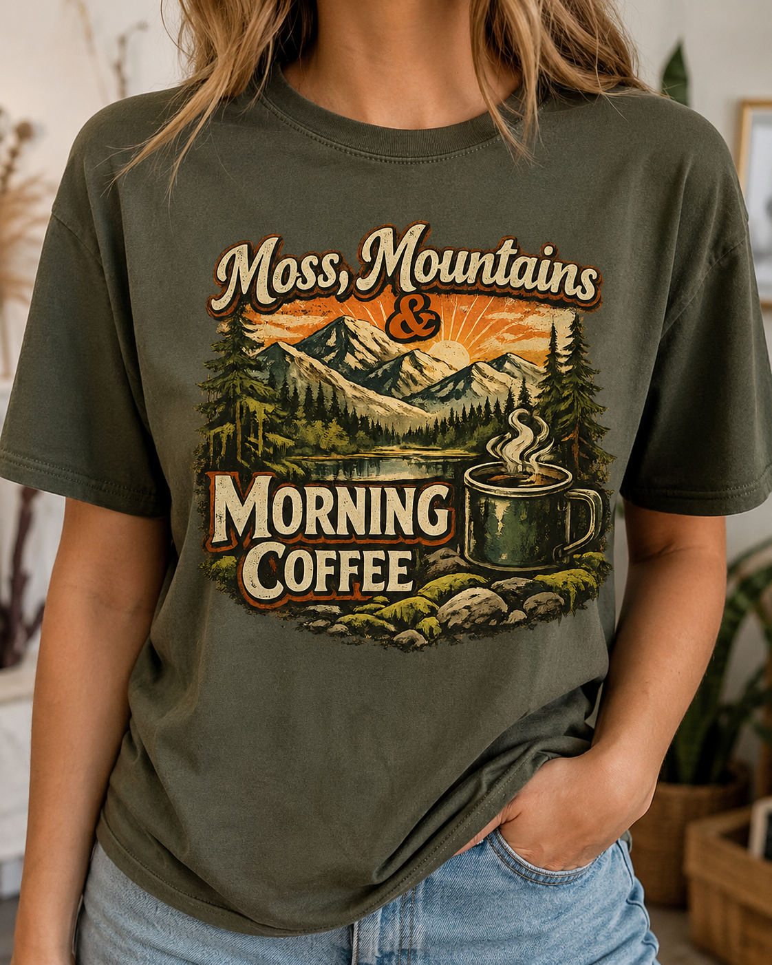 Moss, Mountains & Morning Coffee Tee — Vintage Camping Coffee T‑Shirt