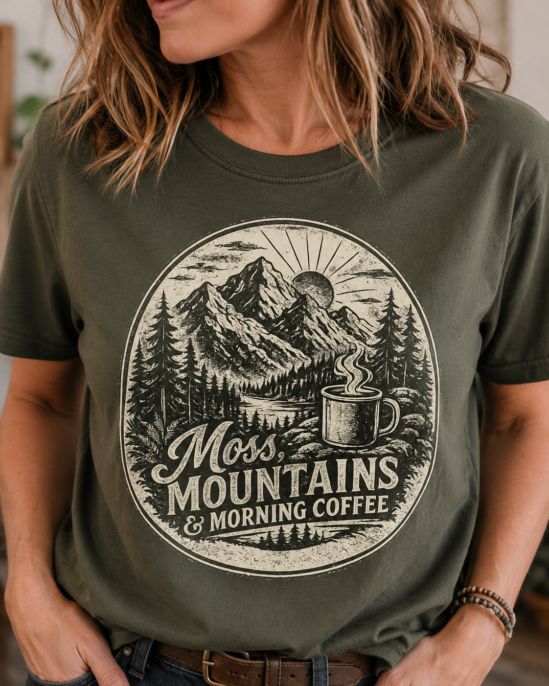 Moss, Mountains & Morning Coffee T-Shirt — Vintage Camping Coffee Tee