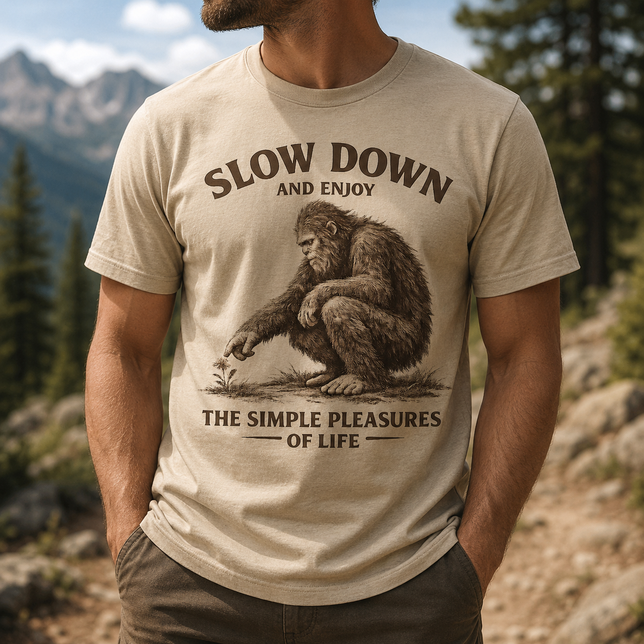 Slow Down BigFoot Tee — "Slow Down and Enjoy the Simple Pleasures of Life" Cotton T-Shirt