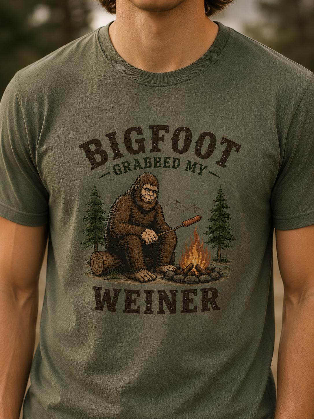 Bigfoot Grabbed My Weiner T-Shirt — Funny Camping Sasquatch Tee