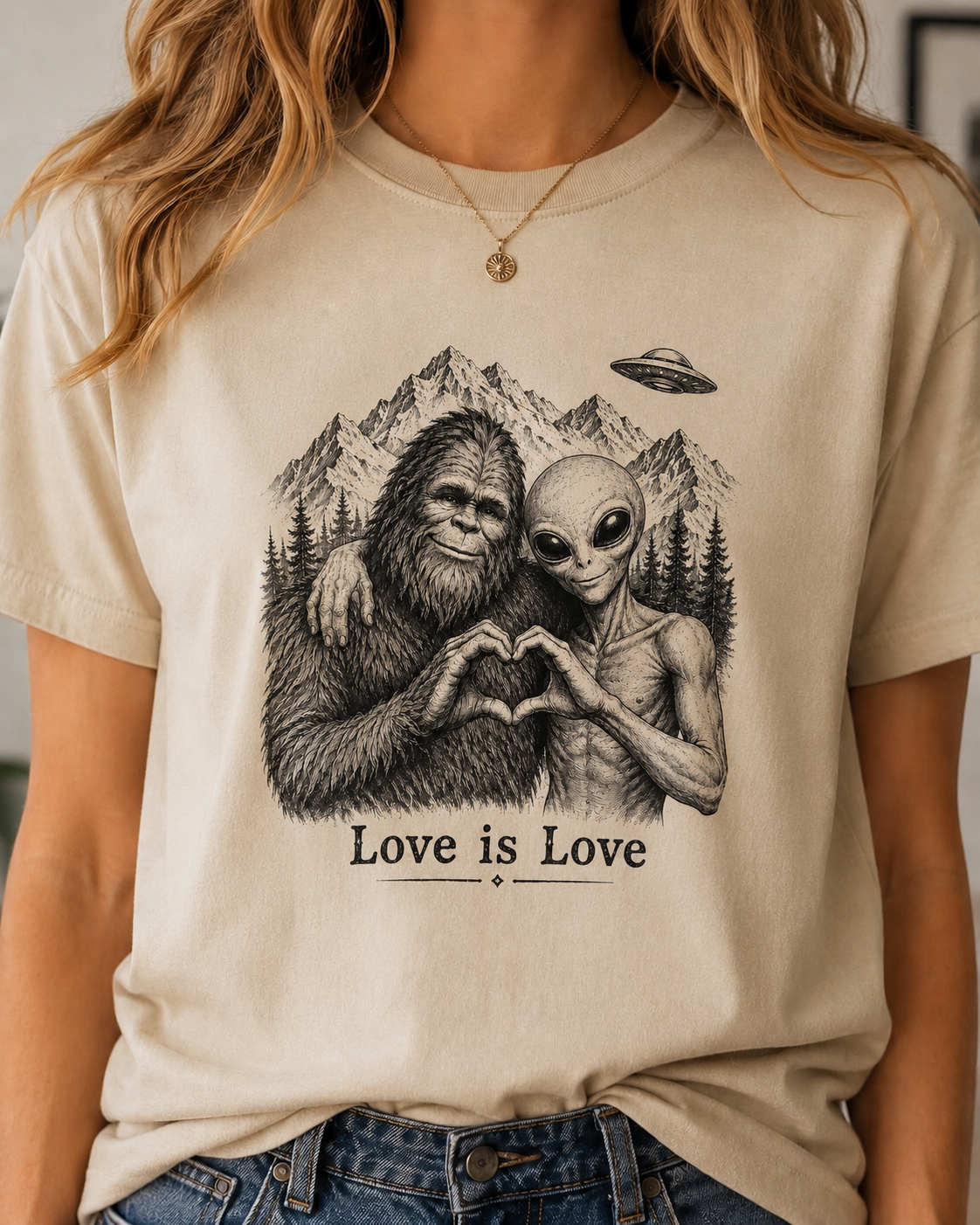 Love Is Love Tee — Bigfoot & Alien Heart Graphic T-Shirt