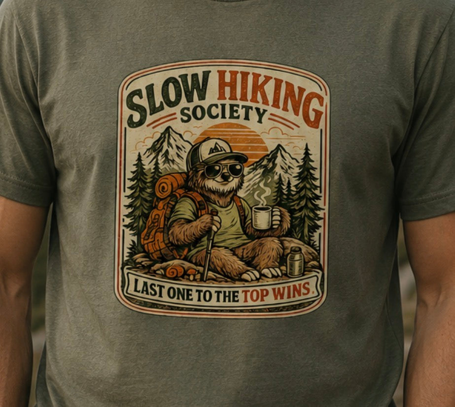 Slow Hiking Society T-Shirt — 'Last One to the Top Wins' Vintage Outdoor Tee