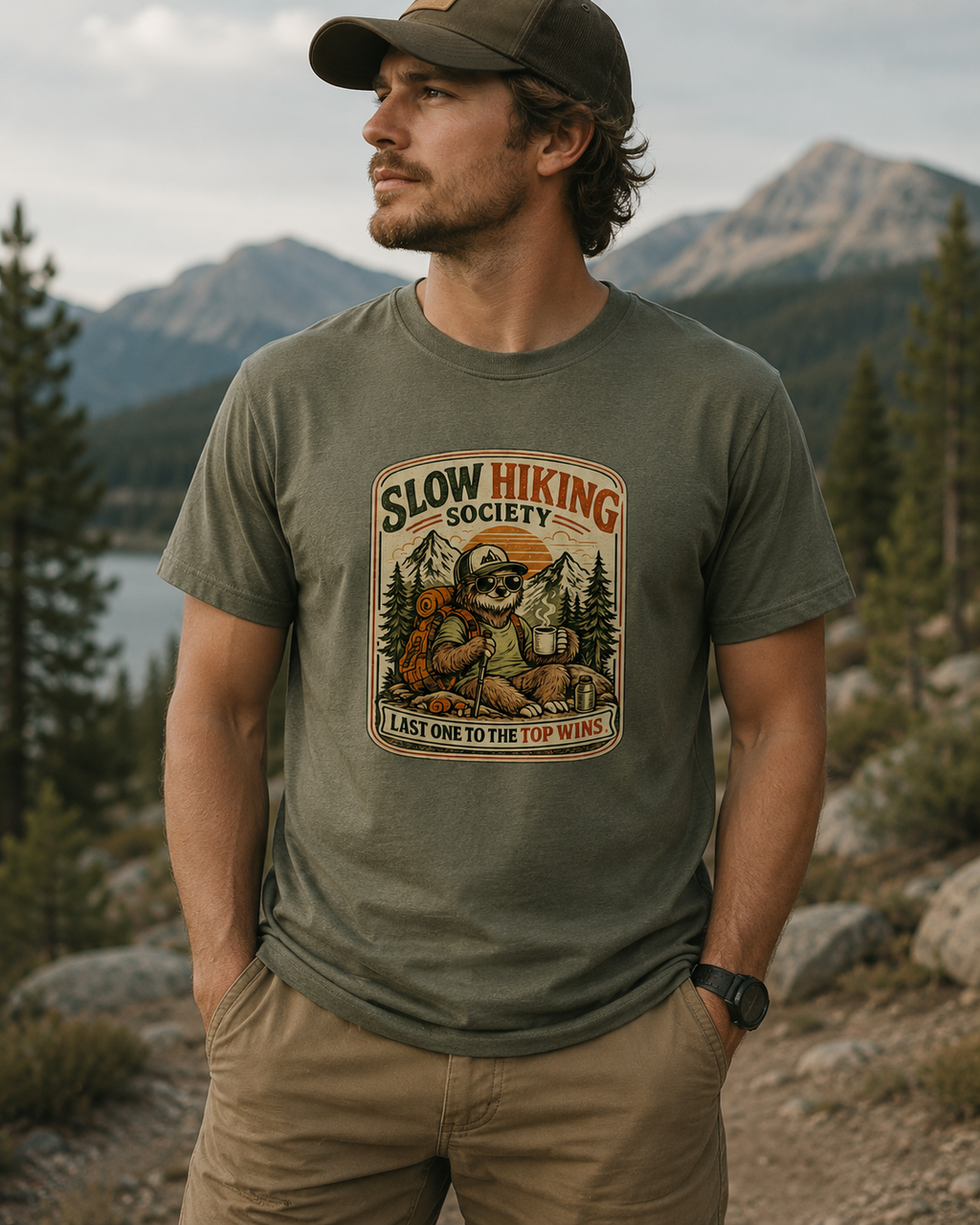 Slow Hiking Society T-Shirt — 'Last One to the Top Wins' Vintage Outdoor Tee