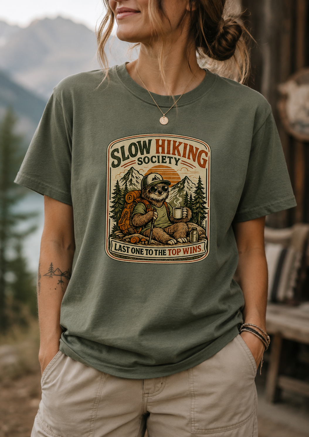Slow Hiking Society T-Shirt — 'Last One to the Top Wins' Vintage Outdoor Tee